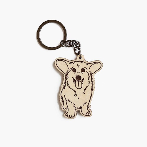 Móc khóa hình chó Corgi khắc laser bằng gỗ độc đáo