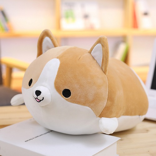 Gấu bông hình chó Corgi siêu đáng yêu nằm trên bàn