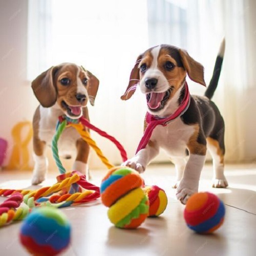 Hai chú chó con Beagle chơi đùa với bóng và dây thừng nhiều màu