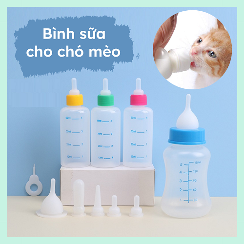 Bộ bình bú sữa cho chó mèo sơ sinh, nhiều kích cỡ và núm ti thay thế.