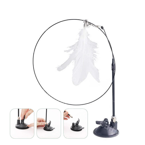 Cần câu mèo đế hút gắn tường hoặc sàn, có lông vũ trắng kích thích mèo vận động tự nhiên.