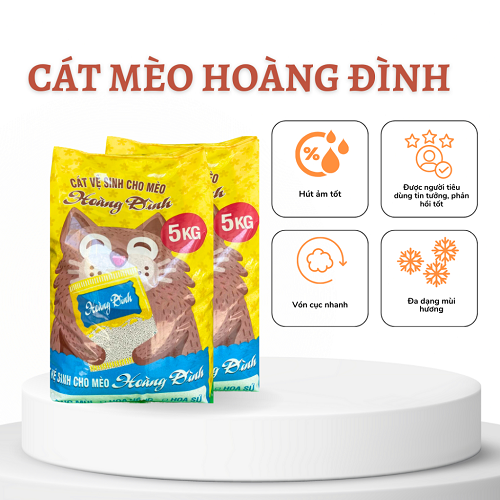 Cát vệ sinh Hoàng Đỉnh 5kg cho mèo, hút ẩm tốt, vón cục nhanh và nhiều mùi hương.