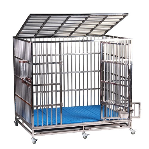 Chuồng chó inox size 40x60x60cm, cửa mở trên và bên, có bánh xe và khay lót vệ sinh