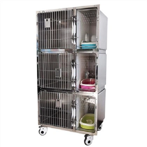 Chuồng mèo inox nhiều ngăn có bánh xe, thiết kế chuyên dụng, chắc chắn và dễ vệ sinh.