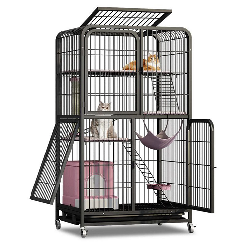Chuồng mèo inox 4 tầng rộng rãi, có võng và thang leo, phù hợp cho nhiều mèo.