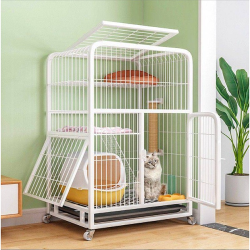 Nhà ở cho mèo bằng inox sơn trắng, thiết kế nhiều tầng, có bánh xe tiện di chuyển.