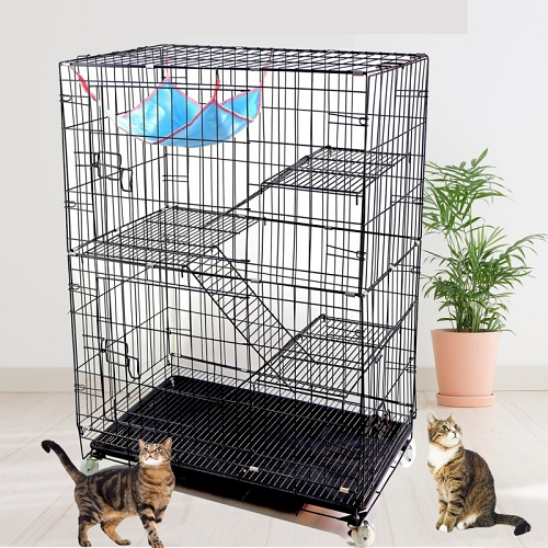 Chuồng sắt 3 tầng cho mèo có võng, bậc leo và bánh xe tiện lợi.