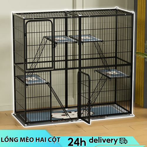 Chuồng sắt hai cột cho mèo, thiết kế rộng rãi nhiều tầng từ Chomeocanh.com.