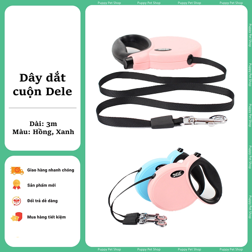 Dây dắt chó mèo tự động Dele màu hồng và xanh dài 3m