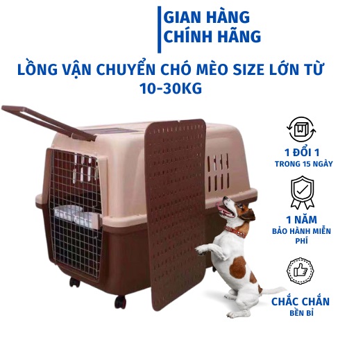 Lồng vận chuyển chó mèo size lớn 10–30kg, nhựa cứng, cửa sắt chắc chắn, bánh xe di chuyển