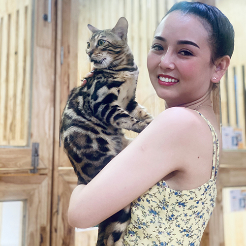 Lion, mèo Bengal đực trưởng thành màu nâu, được bế bởi người phụ nữ đang mỉm cười rạng rỡ.