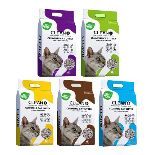 Các loại cát vệ sinh CLEAN+ cho mèo với bao bì nhiều màu sắc