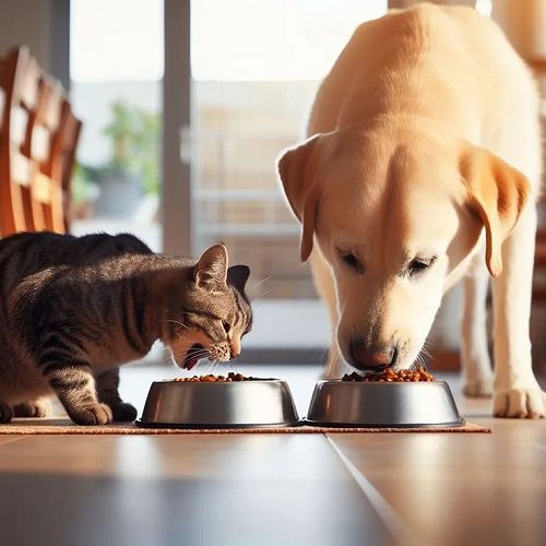 Mèo và chó ăn cùng nhau nhưng cần thực phẩm riêng biệt.