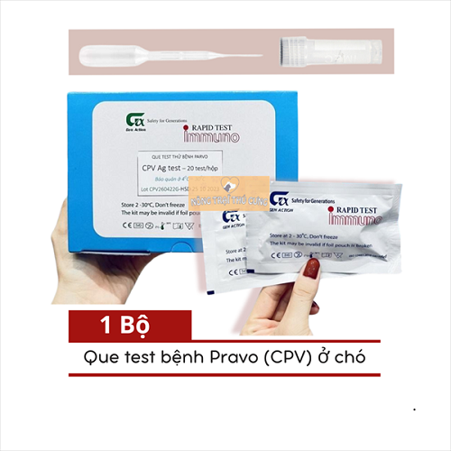 Bộ test nhanh bệnh Parvo (CPV) dành cho chó, gồm que thử và dung dịch.