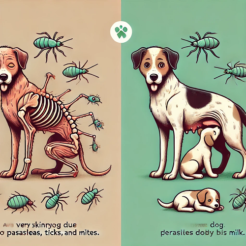 Chó gầy do ký sinh trùng và chó mẹ thiếu dinh dưỡng khi cho bú