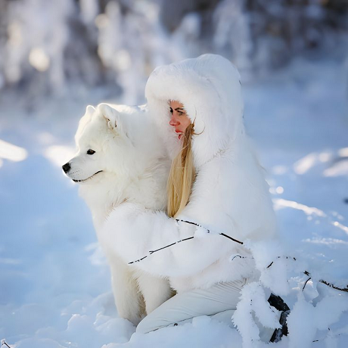 Chó Samoyed trắng chơi tuyết cùng cô gái mặc áo lông trắng