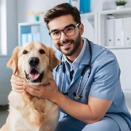 Bác sĩ thú y kiểm tra sức khỏe cho chó Golden Retriever trong phòng khám