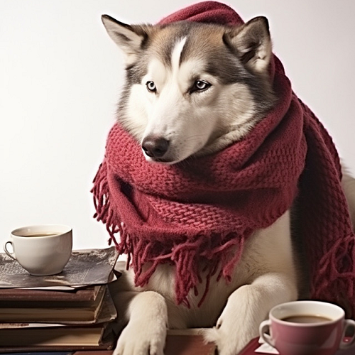 Chó Husky đeo khăn quàng cổ và đội mũ len, bên cạnh tách cà phê và sách.