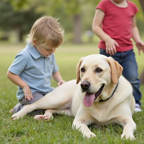 Chó Labrador đi dạo cùng trẻ nhỏ