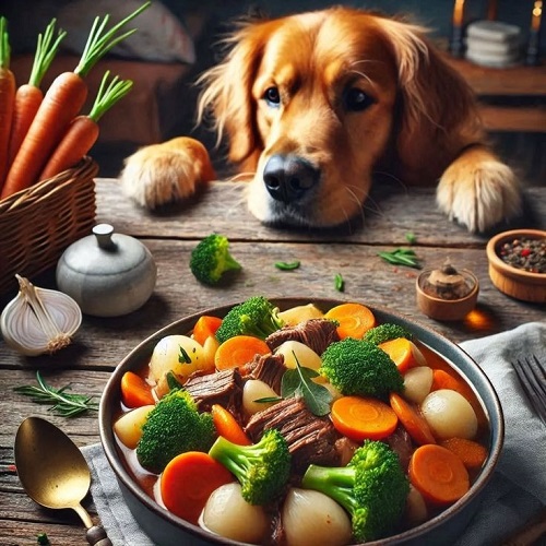 Chó Golden đang nhìn món ăn giàu dinh dưỡng với rau củ và thịt
