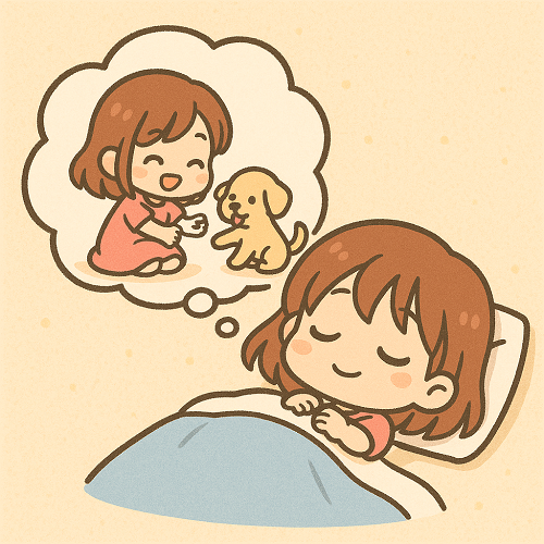 Bé gái ngủ mơ thấy mình đang chơi đùa vui vẻ cùng một chú chó con đáng yêu.