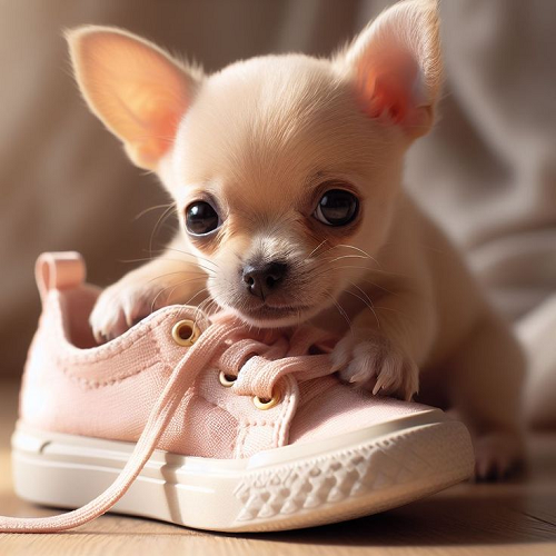 Chihuahua con màu kem đang ôm chiếc giày vải màu hồng nhạt.
