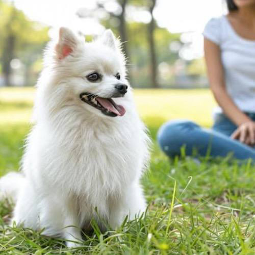 Chó Phốc Sóc trắng ngồi trên bãi cỏ, thư giãn cùng chủ nhân ở công viên.