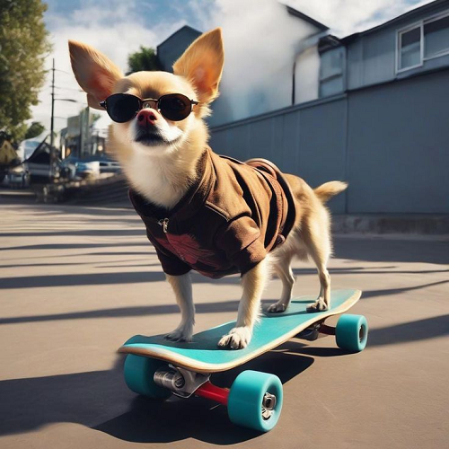 Chihuahua mặc áo hoodie và đeo kính râm đứng trên ván trượt ngoài trời.