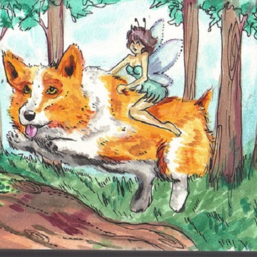 Hình minh họa một nàng tiên cưỡi trên lưng chú chó Corgi bay qua khu rừng xanh