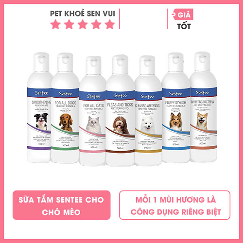 Các chai sữa tắm Sentee cho chó mèo với nhiều mùi hương và công dụng khác nhau