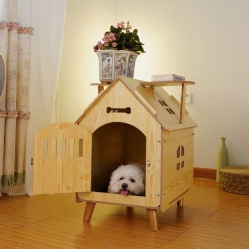 Nhà gỗ thiết kế hiện đại cho chó Poodle, phù hợp với không gian sống trong nhà.