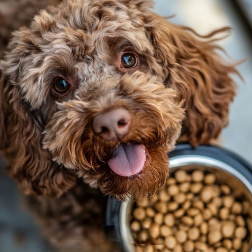 Chó Poodle vui vẻ với bát thức ăn hạt dinh dưỡng, hỗ trợ sức khỏe và phát triển toàn diện.