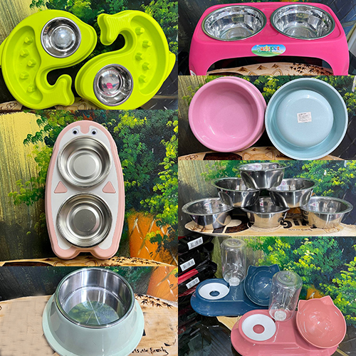 Các mẫu bát ăn và bát uống nước cho chó, gồm bát inox, bát đôi, và bát nhựa nhiều màu sắc.