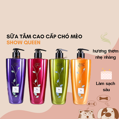 Các chai sữa tắm Show Queen cao cấp cho chó mèo với hương thơm và dưỡng chất tự nhiên