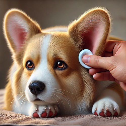 Chó Corgi được vệ sinh tai bằng bông gòn và dung dịch chuyên dụng