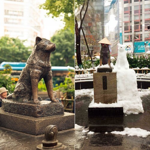 Tượng đồng Hachiko với hình tuyết bên cạnh đội nón lá.
