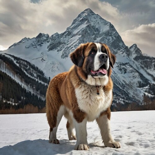 Chó Saint Bernard đứng trên nền tuyết với ngọn núi Alps phía sau.