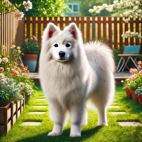 Chó Samoyed lai Nhật lông trắng đứng trong sân vườn đầy hoa, gương mặt dễ thương và thân thiện