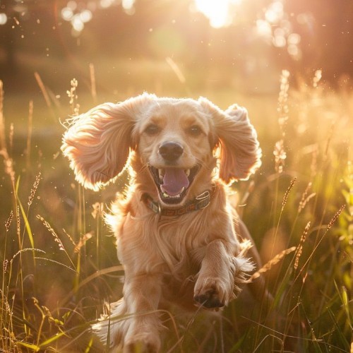 Chó Cocker Spaniel vui vẻ chạy trong ánh nắng hoàng hôn, đôi tai dài tung bay.