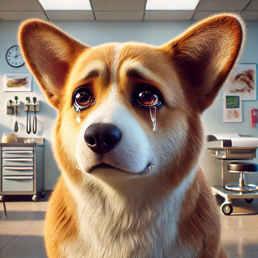 Corgi buồn rầu chảy nước mắt tại phòng khám thú y