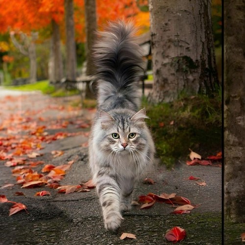 Mèo Siberian lông dài mượt, dáng đi uyển chuyển giữa con đường phủ lá đỏ mùa thu.