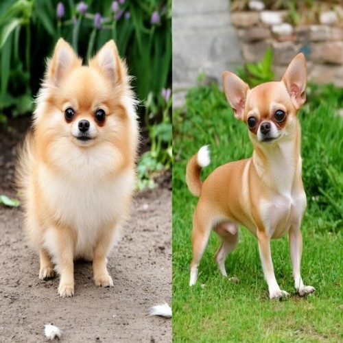 Chó Phốc Sóc và Chihuahua đứng cạnh nhau ngoài trời, đại diện cho giống chó lai Pomchi.