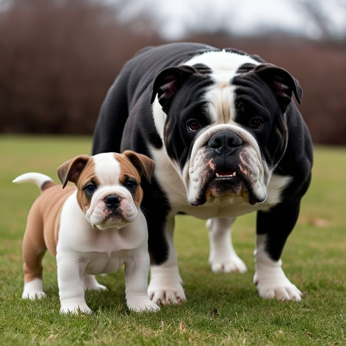 Chó Bulldog trưởng thành và Bulldog con đứng trên bãi cỏ, dáng vẻ khỏe mạnh