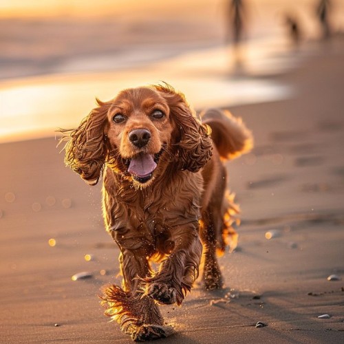Chú chó Cocker Spaniel chạy trên bãi biển trong ánh hoàng hôn.