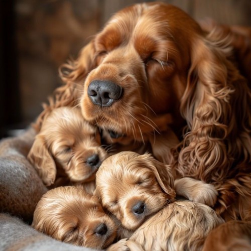 Mẹ chó Cocker Spaniel ngủ yên bên ba chú cún con lông vàng óng.