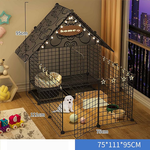 Chuồng sắt mini cho chó nhỏ có mái nhà, đèn trang trí và khu vệ sinh riêng