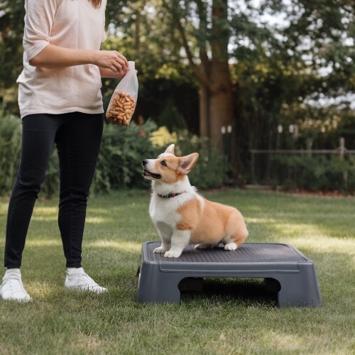 Chú chó Corgi đang tập luyện trên bục, chủ nhân cầm túi thức ăn thưởng.