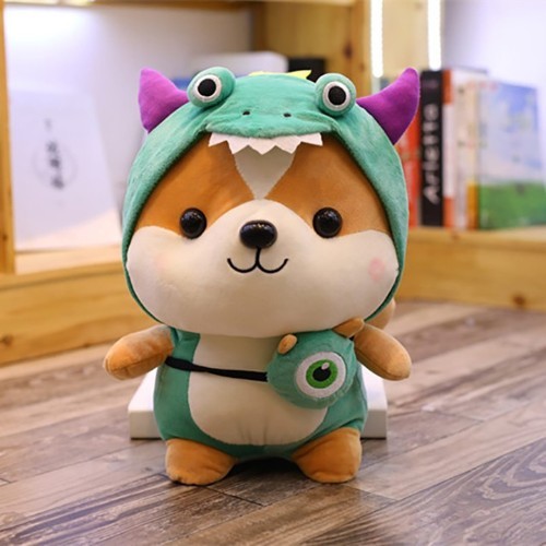 Gấu bông chó Shiba Inu Miniso dễ thương trong bộ cosplay khủng long xanh.