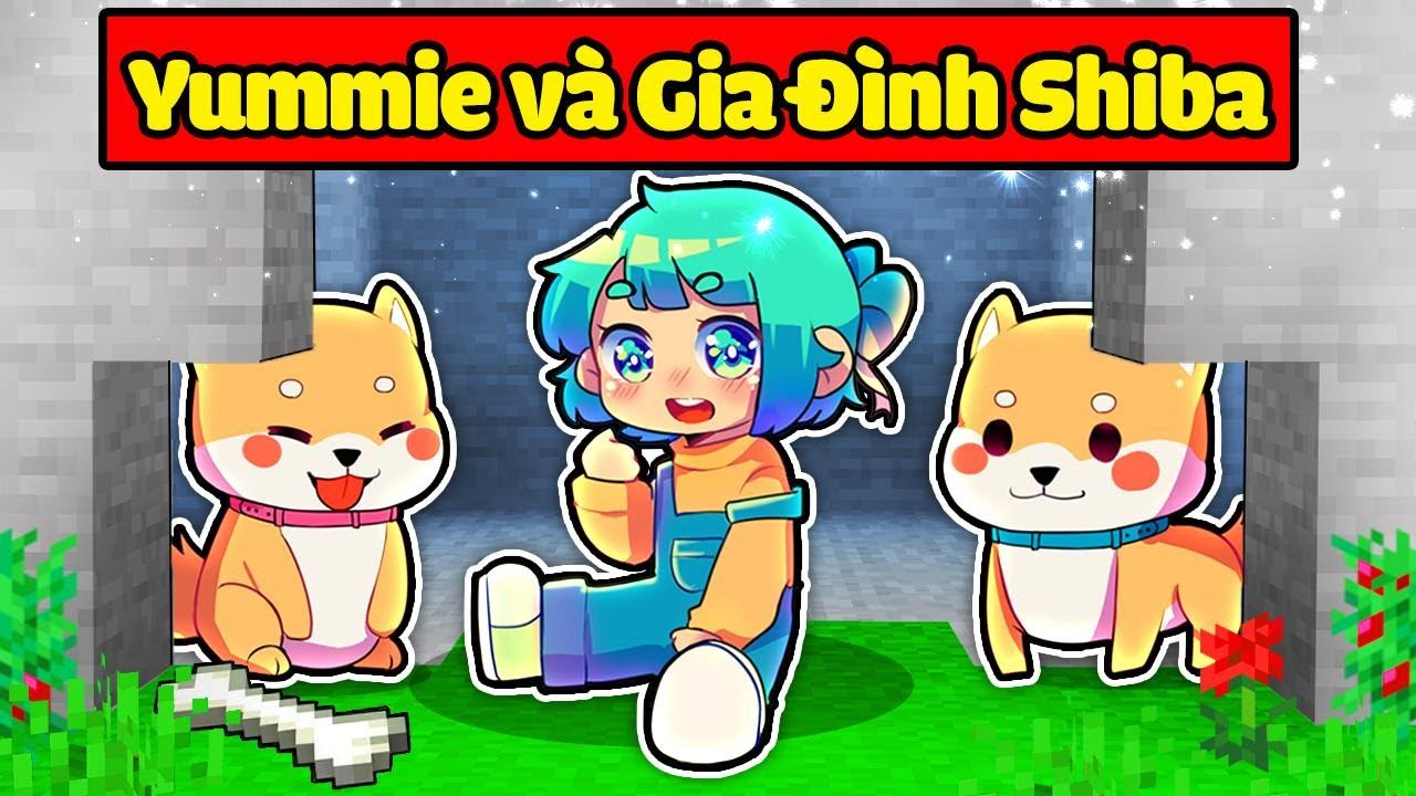 ummie và gia đình Shiba trong Minecraft, hình ảnh vui tươi dễ thương.
