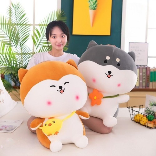 Hai gấu bông chó Shiba Miniso dễ thương với thiết kế ngộ nghĩnh bên cạnh một bạn nữ.